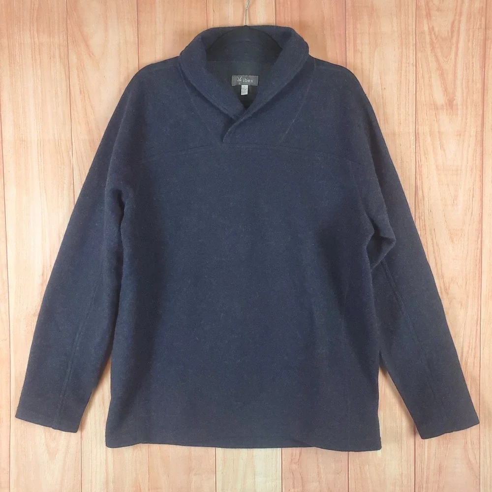 Ibex Mens Sweater Sz Large Navy Blue Wool Long Sleeve Shawl Collar Pullover